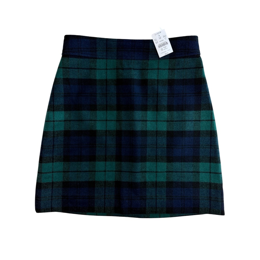 J.Crew Plaid Mini Skirt Women 2 Green Navy Black Watch Wool Blend